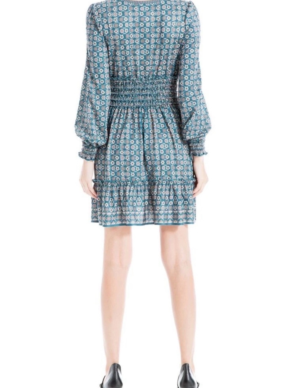 Max Studio Teal Floral Smocked Waist Long Sleeve Mini Dress - Picture 9 of 10